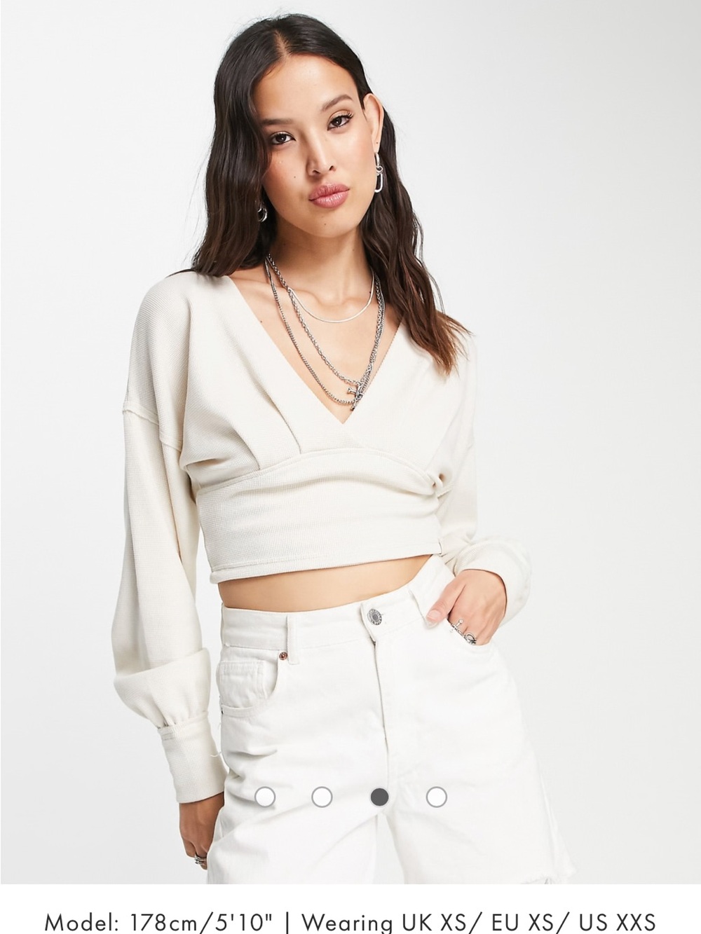 Free People v-neck long sleeve crop sweater in ivory waffle